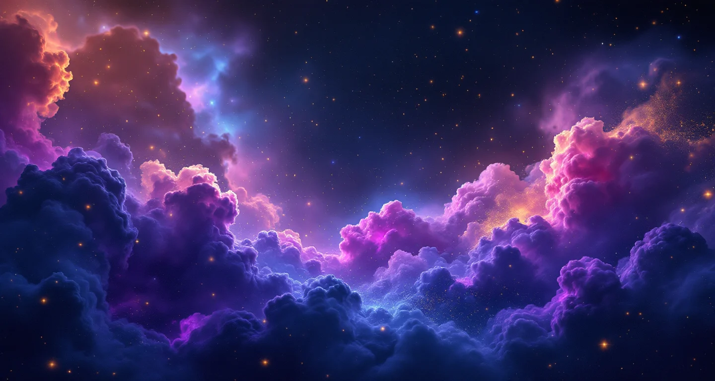 Rüyada Kuru Soğan Görmek sembolünü temsil eden, mor-magenta bulutsu ve altın yıldızlardan oluşan atmosferik rüya sahnesi.
