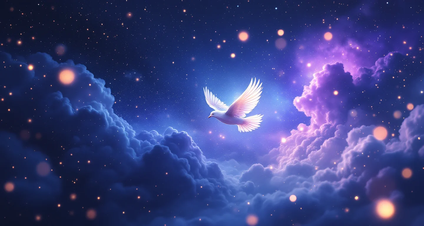Rüyada Kuş Görmek sembolünü temsil eden, mor-magenta bulutsu ve altın yıldızlardan oluşan atmosferik rüya sahnesi.