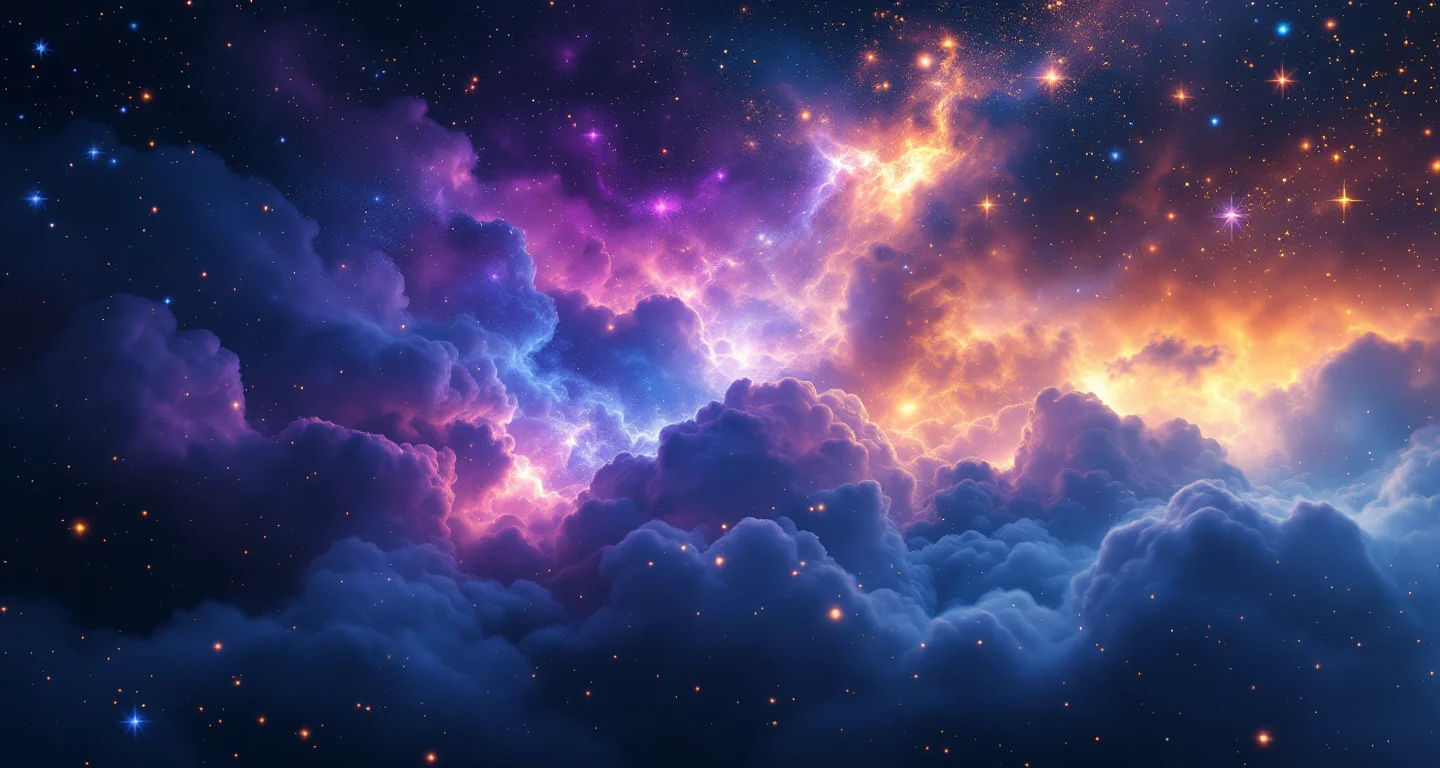 Rüyada Küs Olduğun Biriyle Sarılıp Ağlamak sembolünü temsil eden, mor-magenta bulutsu ve altın yıldızlardan oluşan atmosferik rüya sahnesi.