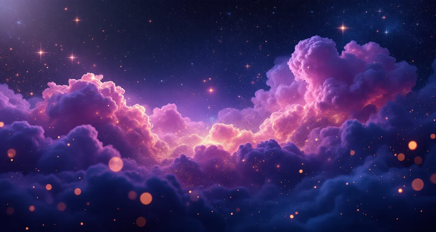 Atmosphärische Traumszene mit violett-magenta Nebelschwaden und goldenen Sternen, die das Symbol des Sehens, wie Verfeindete sich versöhnen, darstellt.