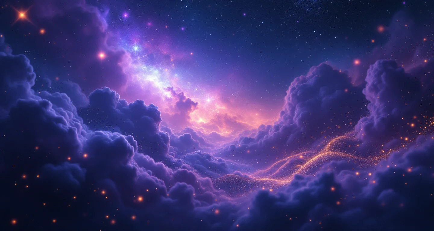 Rüyada Kuşu Eline Almak sembolünü temsil eden, mor-magenta bulutsu ve altın yıldızlardan oluşan atmosferik rüya sahnesi.