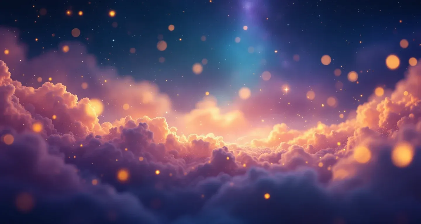 Atmosphärische Traumlandschaft mit violett-magenta Nebel und goldenen Sternen, die das Symbol „Im Traum zu einem Goldschmied gehen“ darstellt.