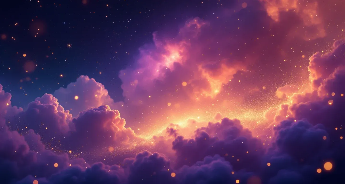 Atmosphärische Traumszene mit violett-magenta Nebel und goldenen Sternen, die das Symbol „Einen Cousin im Traum sehen“ darstellt.