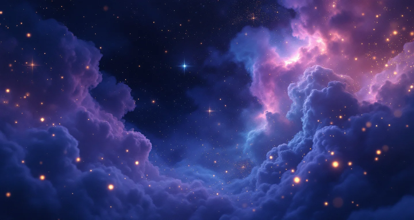 Rüyada Kuzenini Görmek sembolünü temsil eden, mor-magenta bulutsu ve altın yıldızlardan oluşan atmosferik rüya sahnesi.