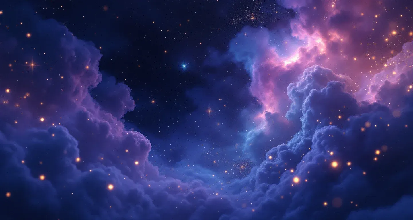 Atmosphärische Traumszene mit violett-magenta Wolken und goldenen Sternen, die das Symbol Den Cousin im Traum sehen darstellt.