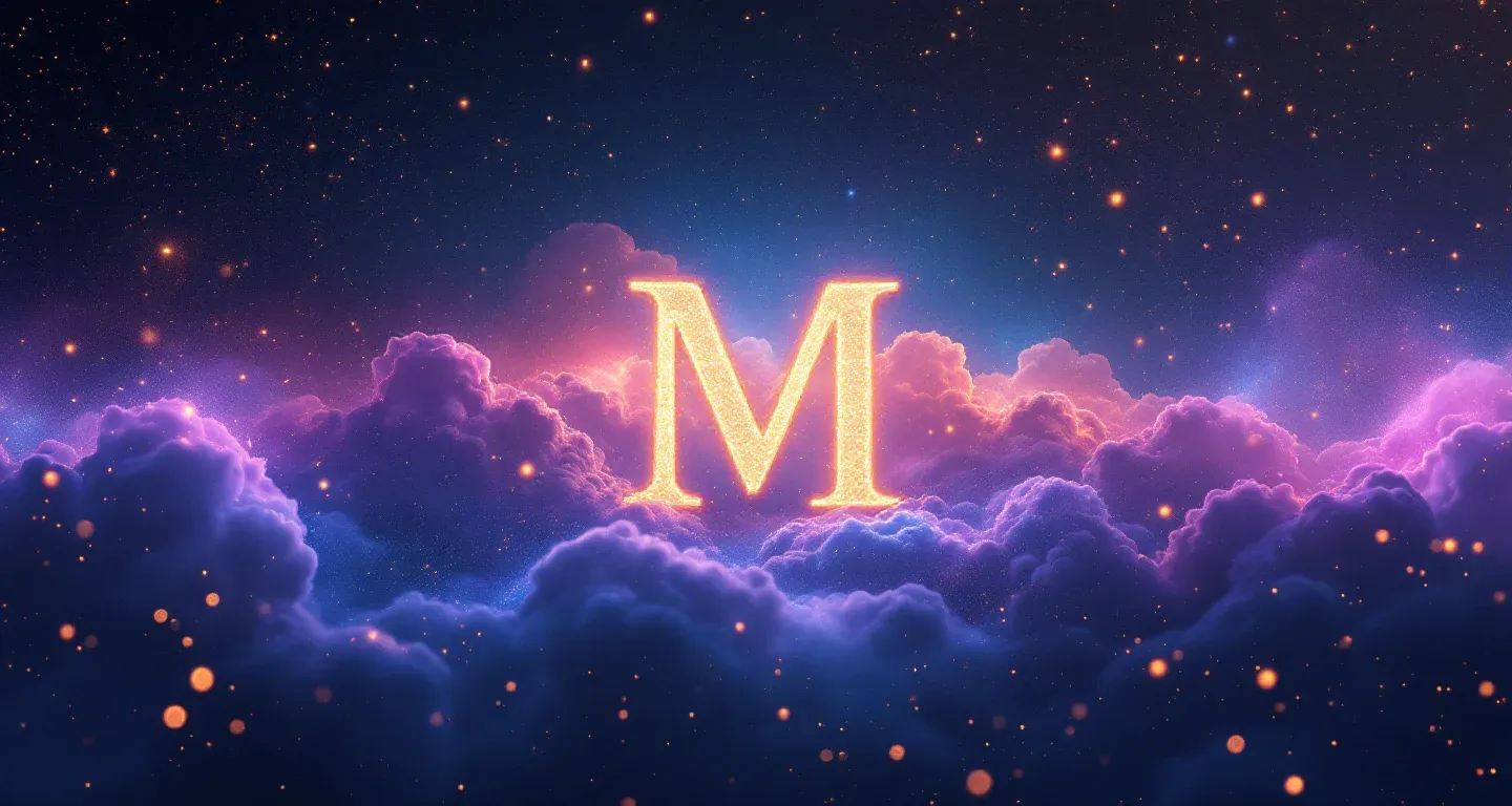 Escena onírica atmosférica formada por una nebulosa morada-magenta y estrellas doradas, representando el símbolo de Ver la M en sueños.