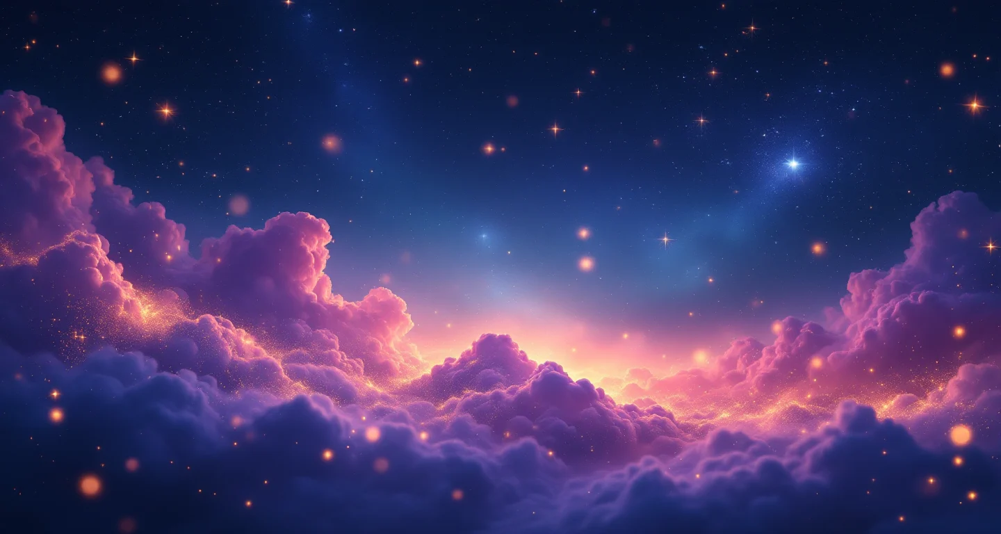 Rüyada Mavi Elbise Giymek sembolünü temsil eden, mor-magenta bulutsu ve altın yıldızlardan oluşan atmosferik rüya sahnesi.