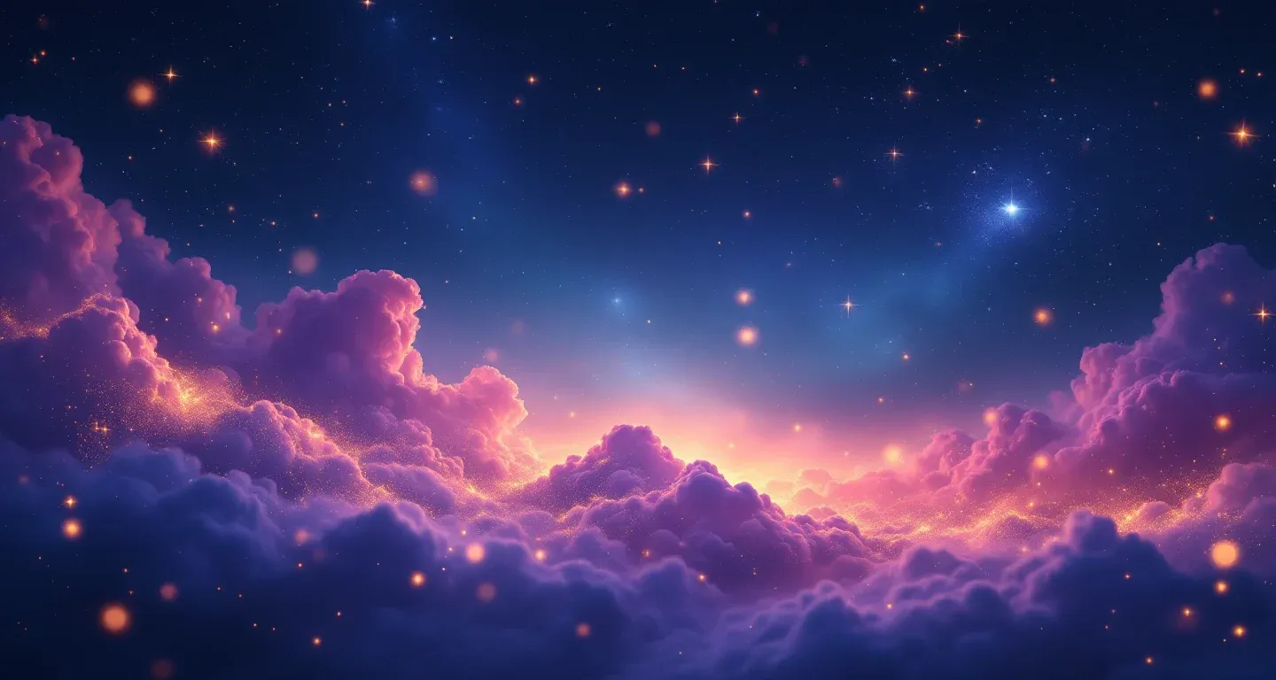 夢で青いドレスを着る象徴を表す、紫がかったマゼンタの星雲と黄金の星々から成る幻想的な夢の情景。