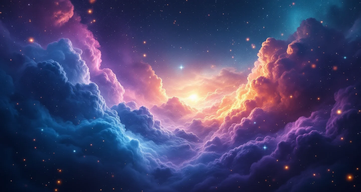 Rüyada Maymun Görmek sembolünü temsil eden, mor-magenta bulutsu ve altın yıldızlardan oluşan atmosferik rüya sahnesi.