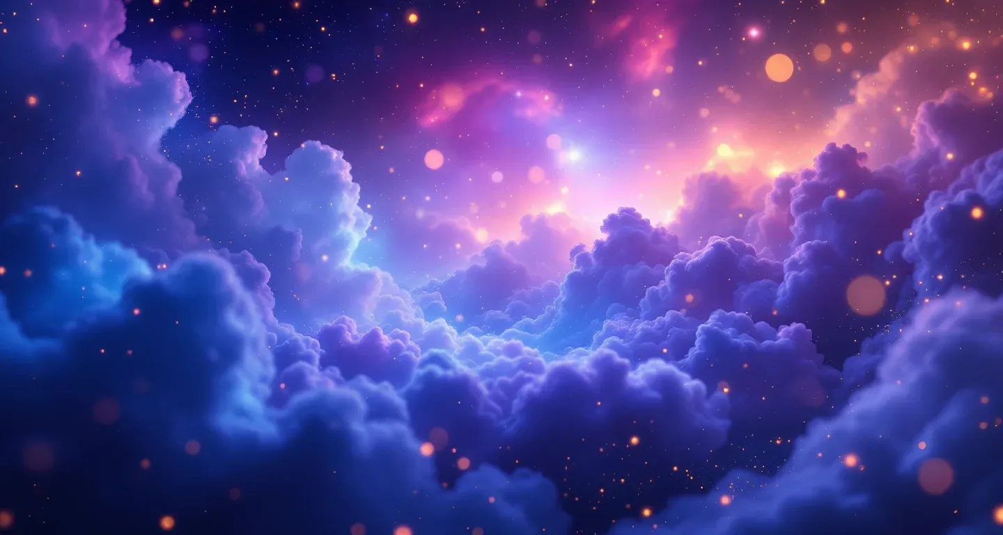 Atmosphärische Traumszene aus violett-magenta Nebel und goldenen Sternen, die das Symbol Im Traum eine Treppe hinaufsteigen darstellt.