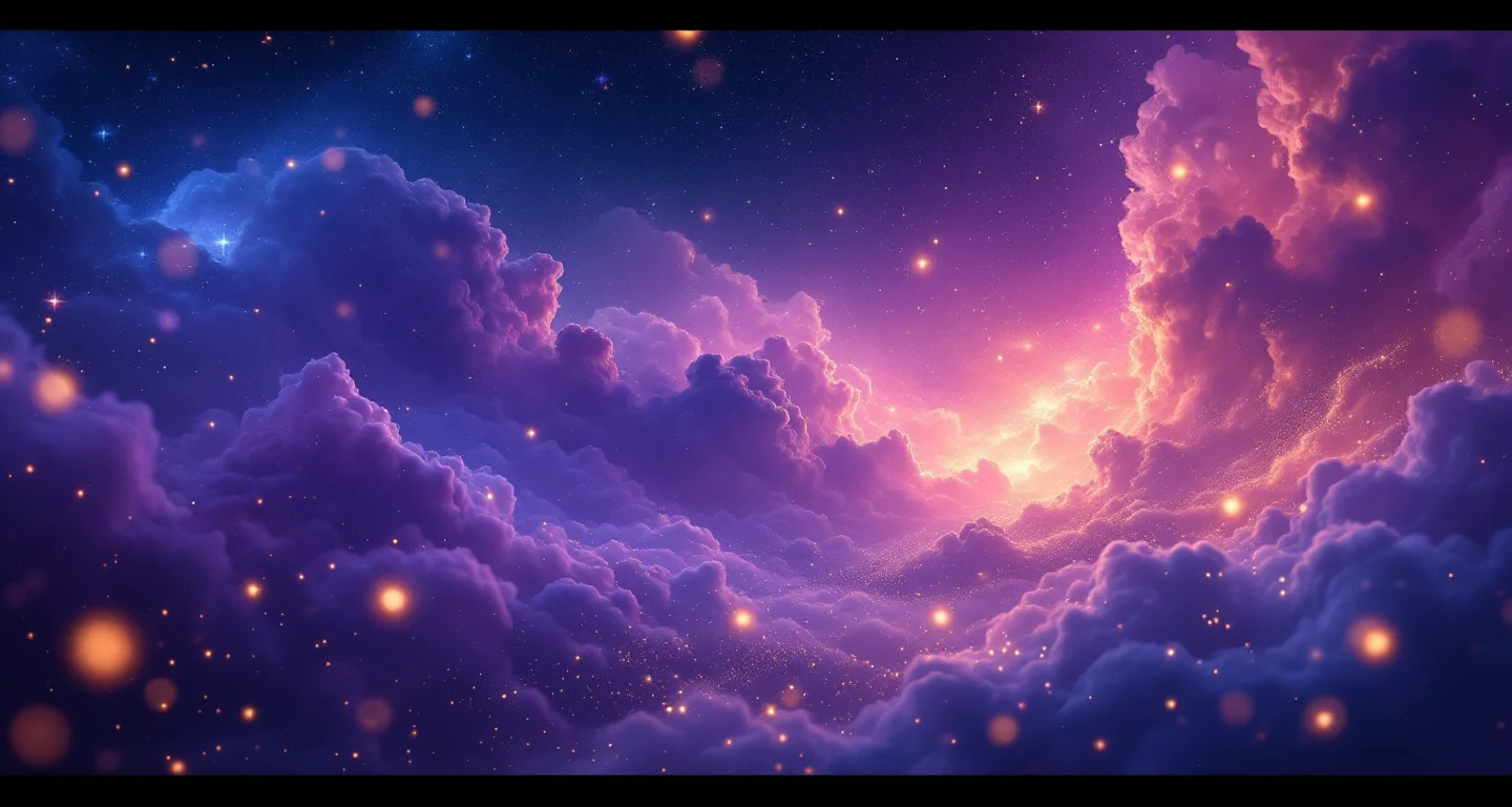 Rüyada Merdiven Inmek sembolünü temsil eden, mor-magenta bulutsu ve altın yıldızlardan oluşan atmosferik rüya sahnesi.