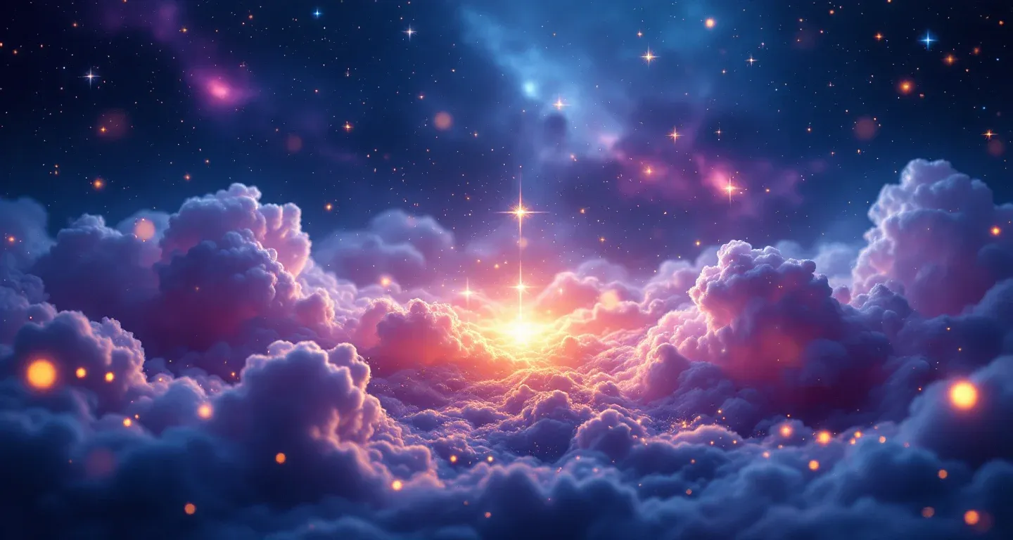 Atmosphärische Traumlandschaft mit violett-magenta Farbschleier und goldenen Sternen, die das Symbol Ein Grab im Traum sehen darstellt.