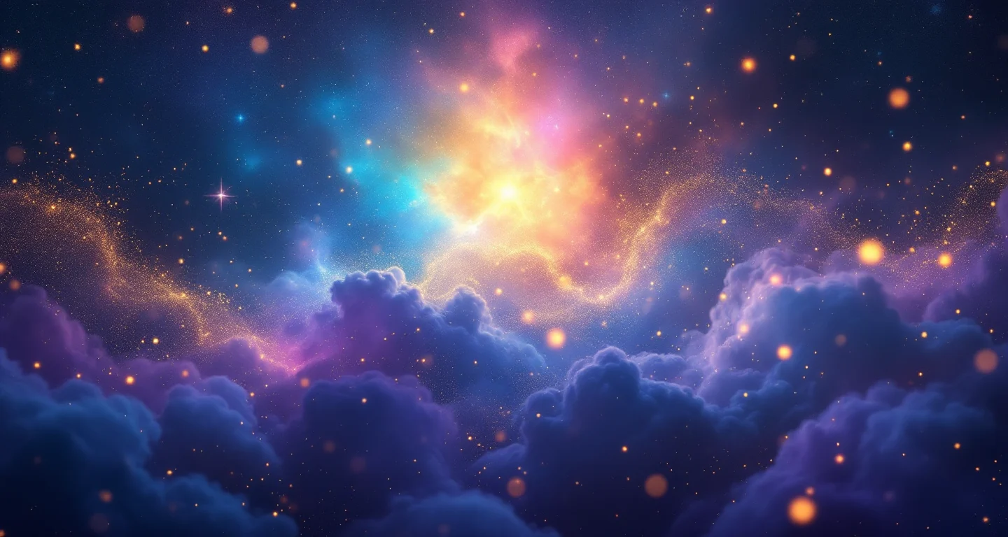 Rüyada Mezar Üstünde Yatmak Görmek sembolünü temsil eden, mor-magenta bulutsu ve altın yıldızlardan oluşan atmosferik rüya sahnesi.