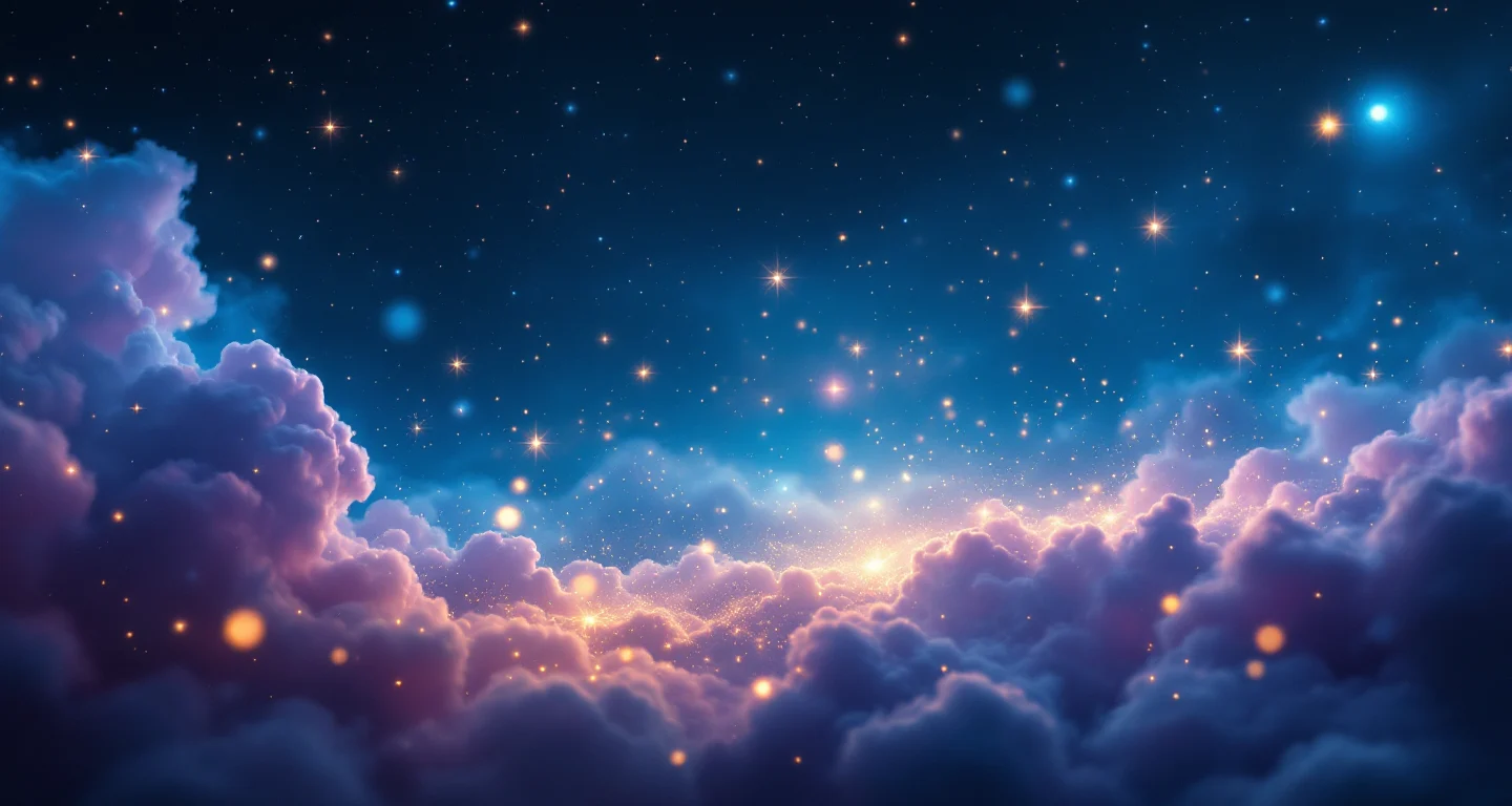 Rüyada Mezarlık Görmek sembolünü temsil eden, mor-magenta bulutsu ve altın yıldızlardan oluşan atmosferik rüya sahnesi.