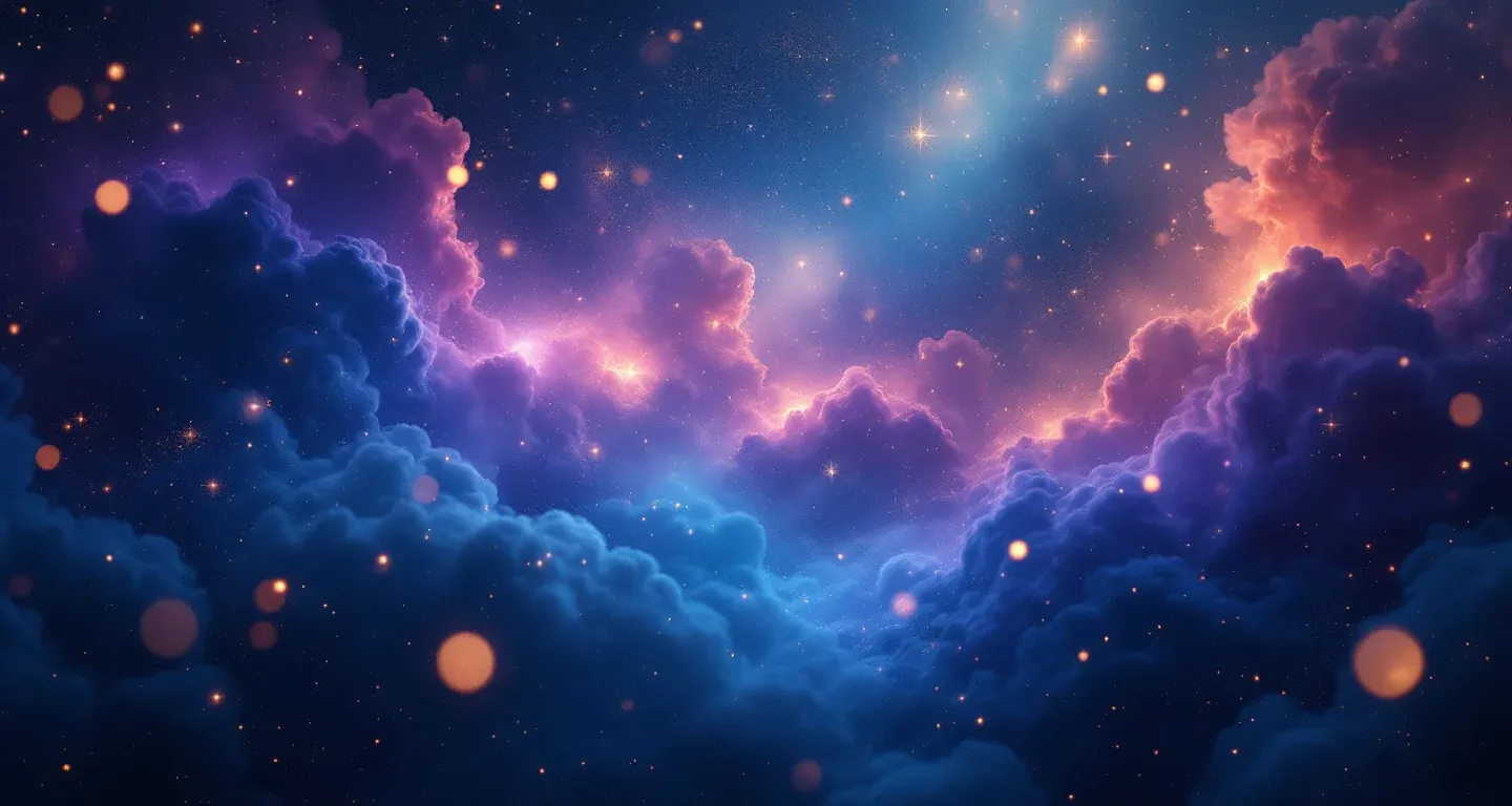 Rüyada Muhabbet Kuşu Görmek sembolünü temsil eden, mor-magenta bulutsu ve altın yıldızlardan oluşan atmosferik rüya sahnesi.