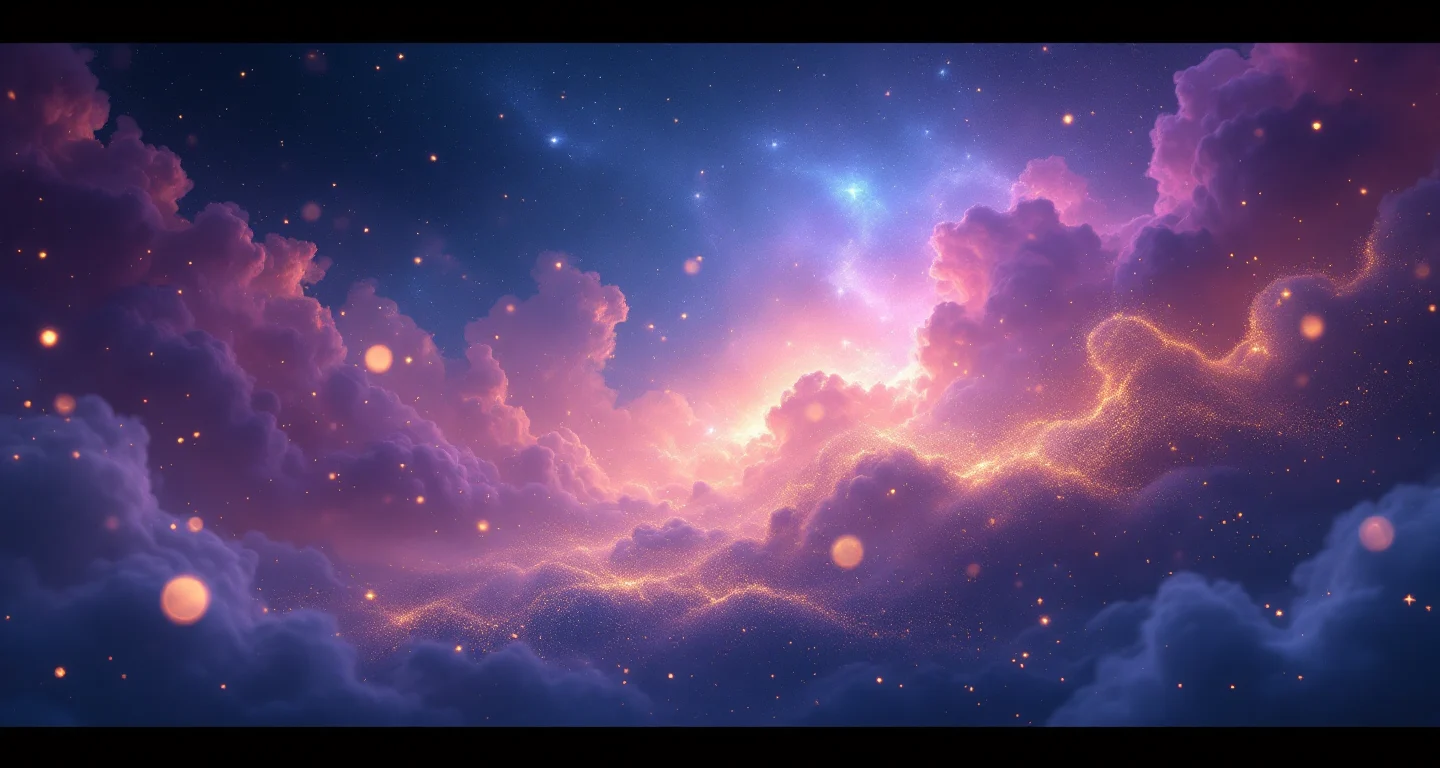 Rüyada Muska Görmek sembolünü temsil eden, mor-magenta bulutsu ve altın yıldızlardan oluşan atmosferik rüya sahnesi.