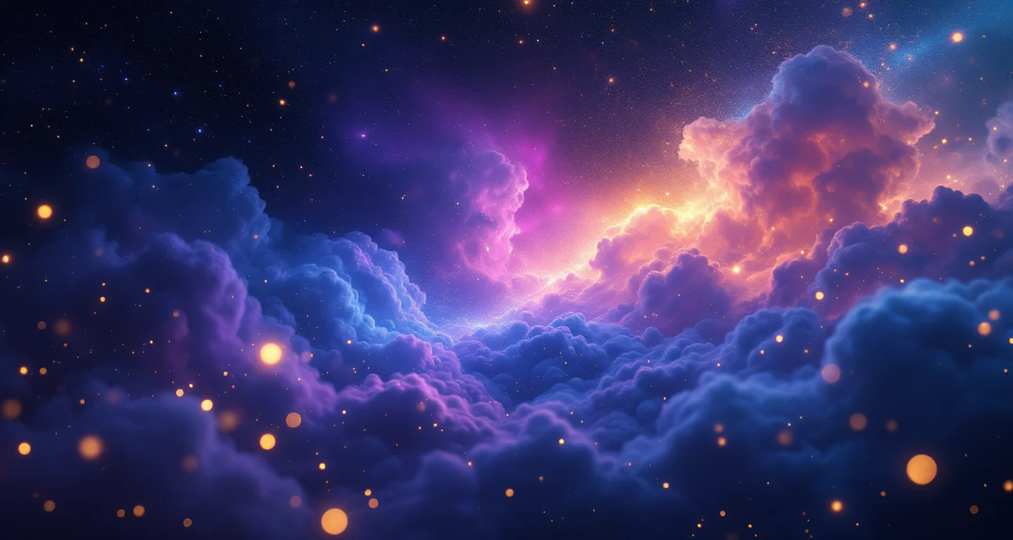 Rüyada Muz Görmek sembolünü temsil eden, mor-magenta bulutsu ve altın yıldızlardan oluşan atmosferik rüya sahnesi.