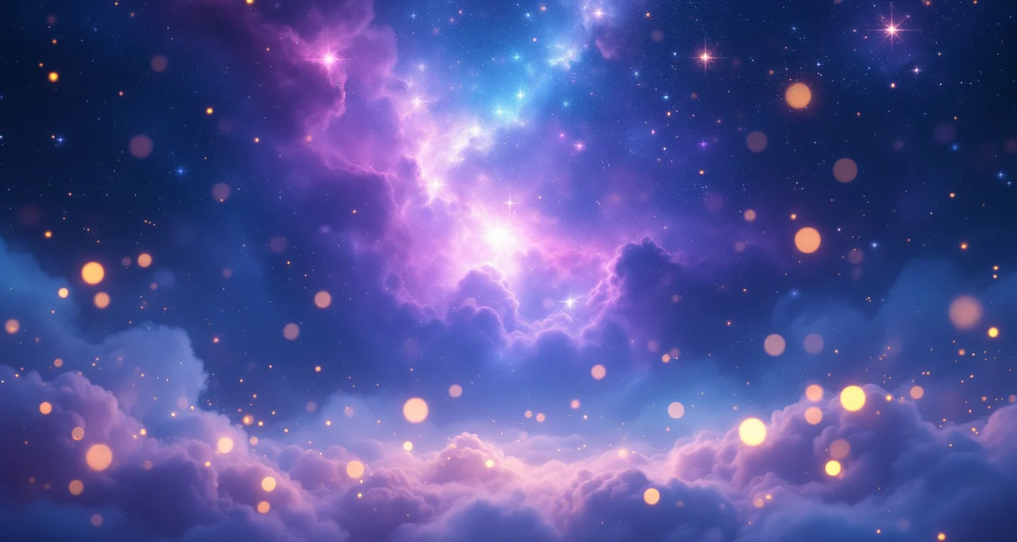 Rüyada Namaz Kılmak sembolünü temsil eden, mor-magenta bulutsu ve altın yıldızlardan oluşan atmosferik rüya sahnesi.