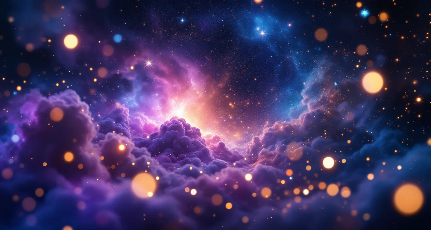 Rüyada Nevresim Takımı Almak sembolünü temsil eden, mor-magenta bulutsu ve altın yıldızlardan oluşan atmosferik rüya sahnesi.