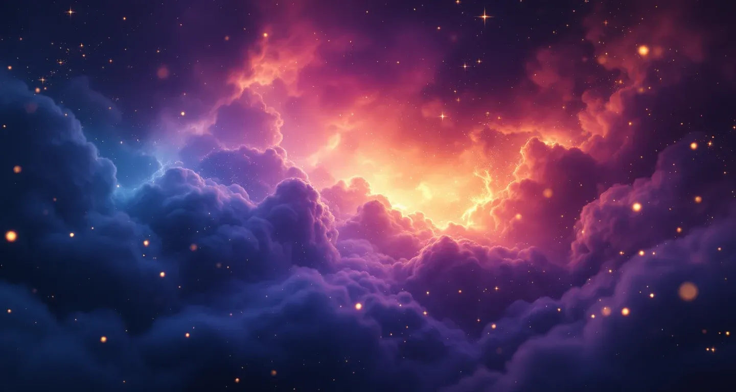 Ruyada Ogretmen Gormek sembolünü temsil eden, mor-magenta bulutsu ve altın yıldızlardan oluşan atmosferik rüya sahnesi.