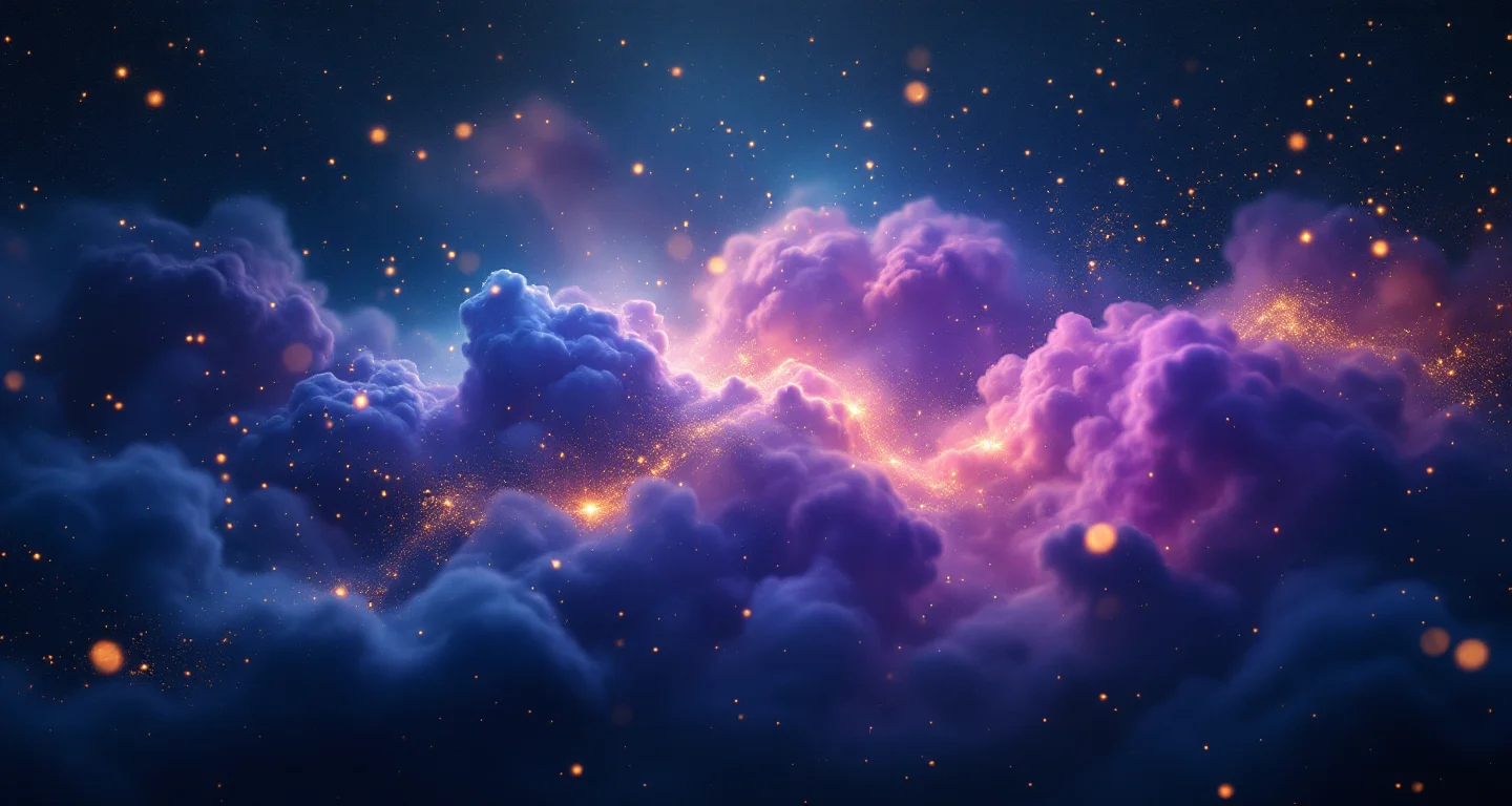 Rüyada Öldüğünü Görmek sembolünü temsil eden, mor-magenta bulutsu ve altın yıldızlardan oluşan atmosferik rüya sahnesi.
