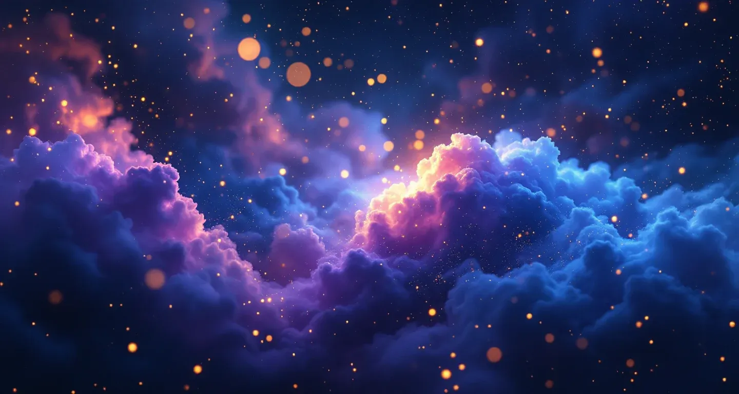 Atmosphärische Traumszene aus violett-magenta Nebel und goldenen Sternen, die das Symbol Die verstorbene Mutter im Traum beim Kochen sehen repräsentiert.