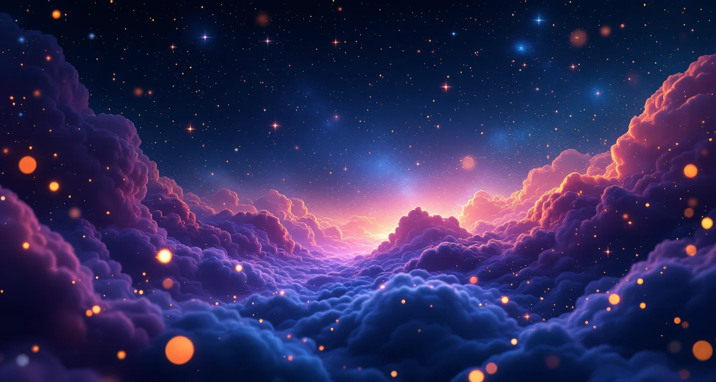 Rüyada Ölmüş Babanın Sesini Duymak sembolünü temsil eden, mor-magenta bulutsu ve altın yıldızlardan oluşan atmosferik rüya sahnesi.