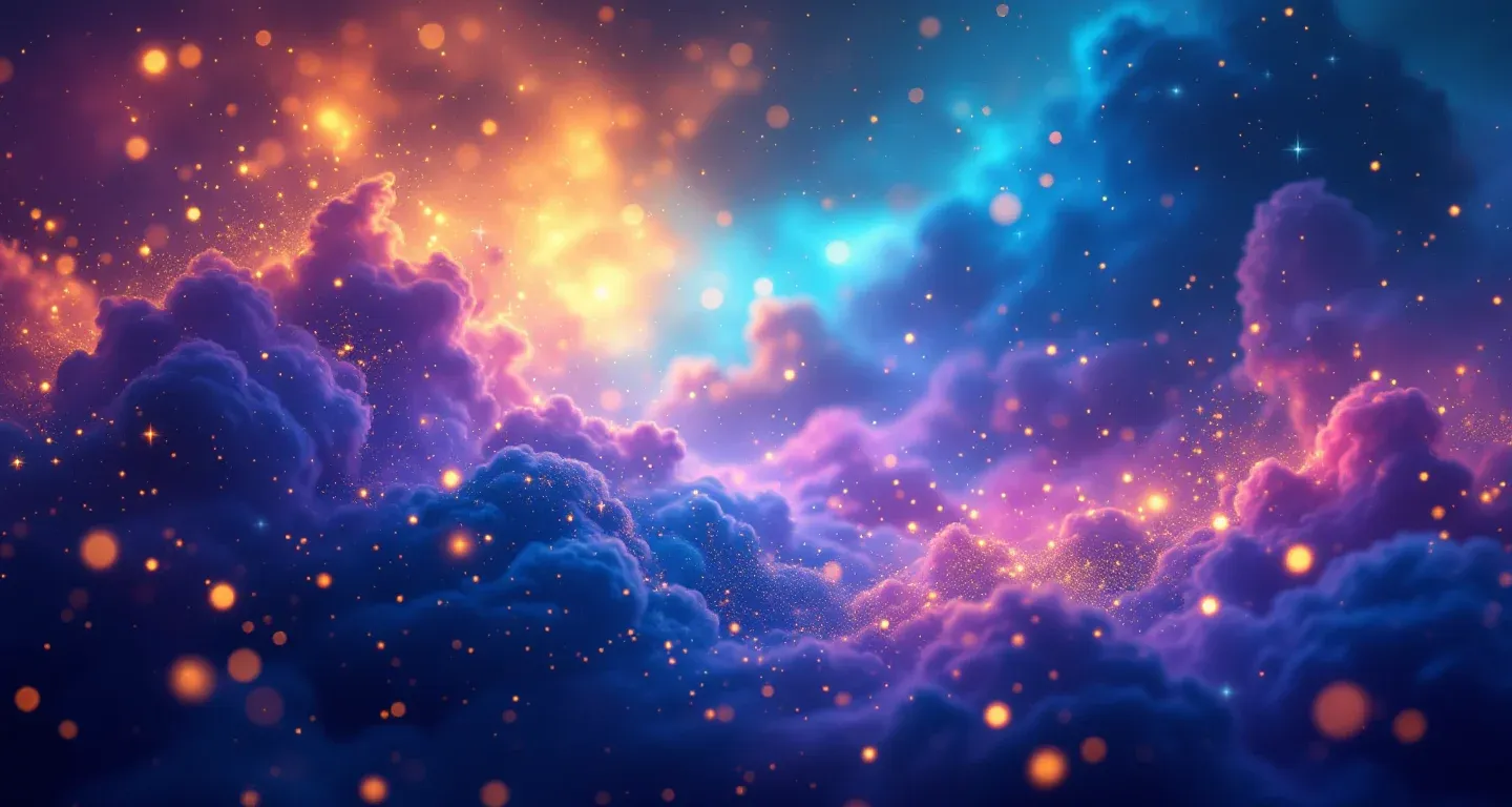 死んだ人が生きている姿で現れて抱きしめる夢を象徴する、紫がかったマゼンタの星雲と金色の星々が広がる幻想的な夢の風景。