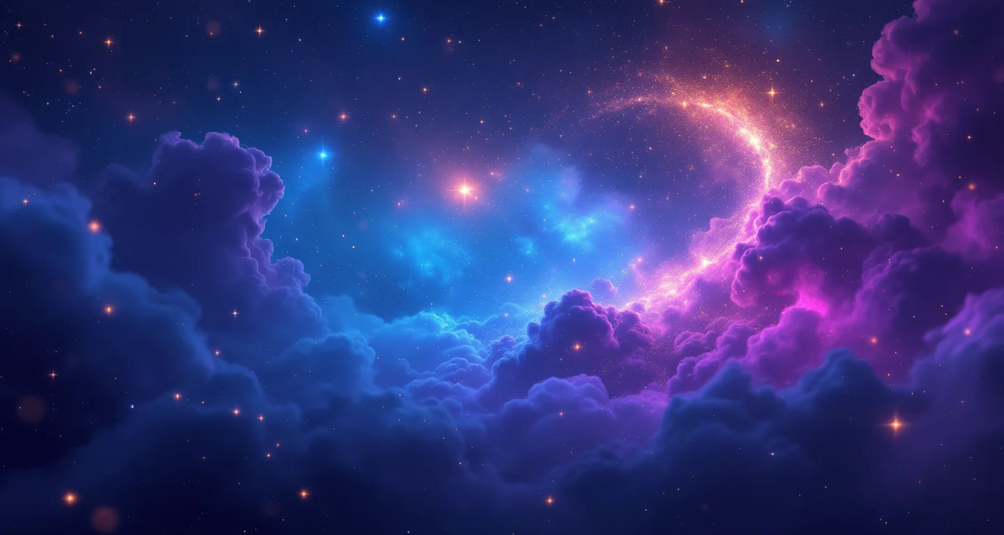 Rüyada Ölmüş Birinin Evde Banyo Yaptığını Görmek sembolünü temsil eden, mor-magenta bulutsu ve altın yıldızlardan oluşan atmosferik rüya sahnesi.