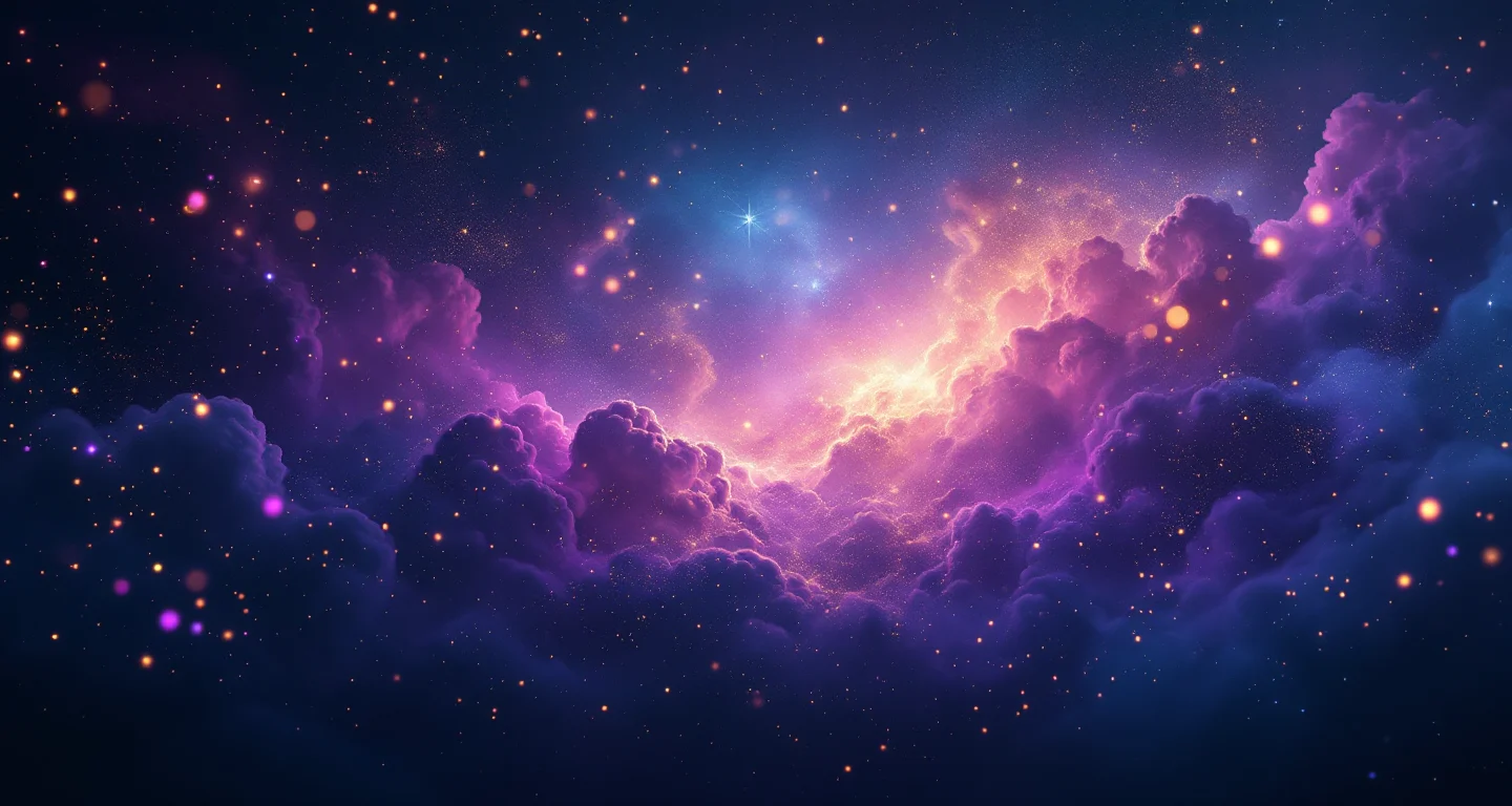 Rüyada Ölmüş Birinin Fotoğrafını Görmek Diyanet sembolünü temsil eden, mor-magenta bulutsu ve altın yıldızlardan oluşan atmosferik rüya sahnesi.