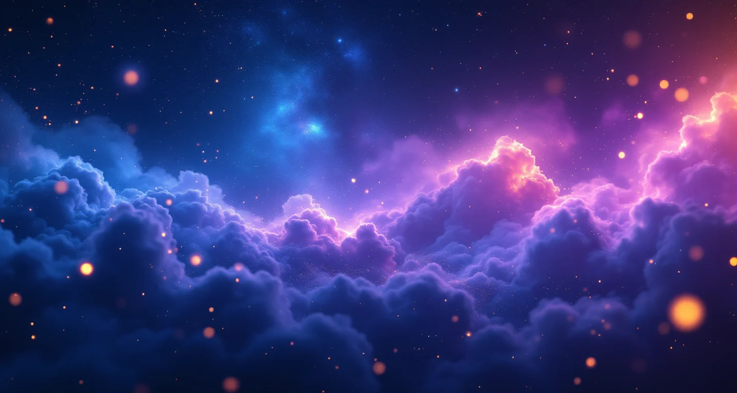 Rüyada Ölmüş Halayı Görmek sembolünü temsil eden, mor-magenta bulutsu ve altın yıldızlardan oluşan atmosferik rüya sahnesi.