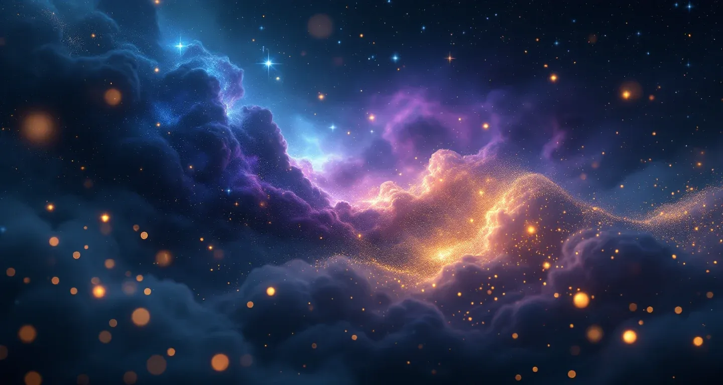 Atmosphärische Traumszene mit violett-magenta Farbwolken und goldenen Sternen, die das Symbol „Die verstorbene Tante lebendig sehen im Traum“ darstellen.