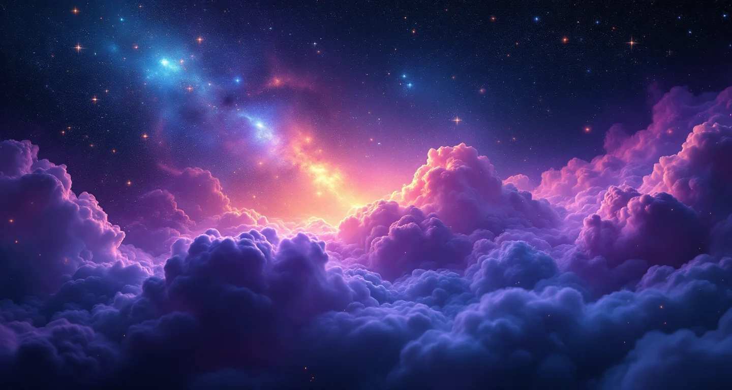 Rüyada Orman Yangını Görmek sembolünü temsil eden, mor-magenta bulutsu ve altın yıldızlardan oluşan atmosferik rüya sahnesi.