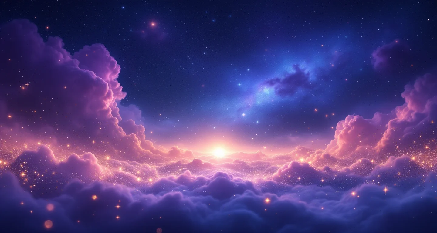 Ruyada Orumcek Gormek sembolünü temsil eden, mor-magenta bulutsu ve altın yıldızlardan oluşan atmosferik rüya sahnesi.