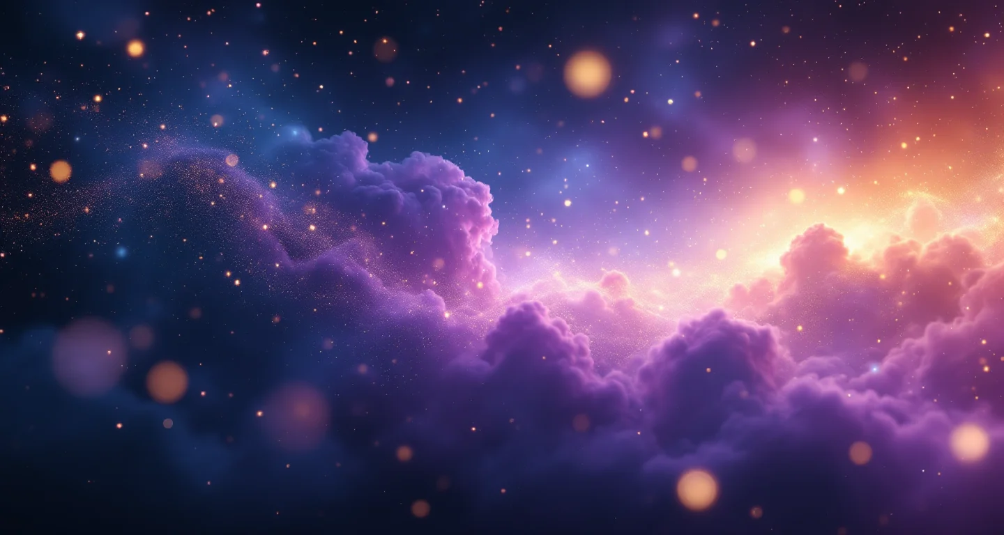 Ruyada Otobuse Binmek sembolünü temsil eden, mor-magenta bulutsu ve altın yıldızlardan oluşan atmosferik rüya sahnesi.