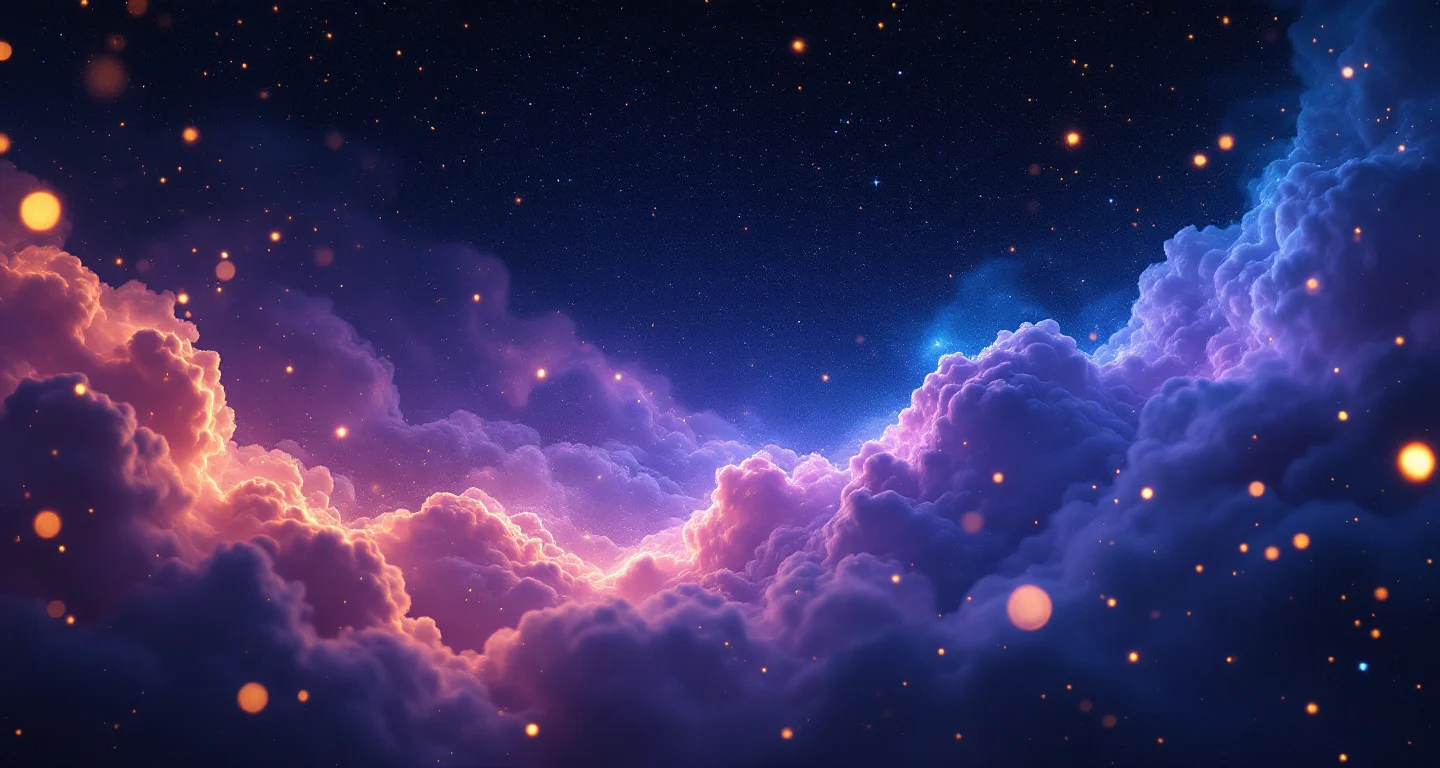 Rüyada Paket Süt Görmek sembolünü temsil eden, mor-magenta bulutsu ve altın yıldızlardan oluşan atmosferik rüya sahnesi.