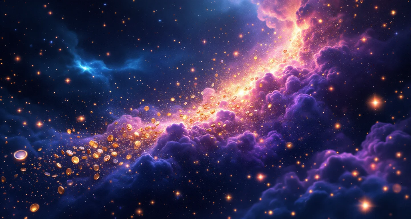 Rüyada Para Görmek sembolünü temsil eden, mor-magenta bulutsu ve altın yıldızlardan oluşan atmosferik rüya sahnesi.