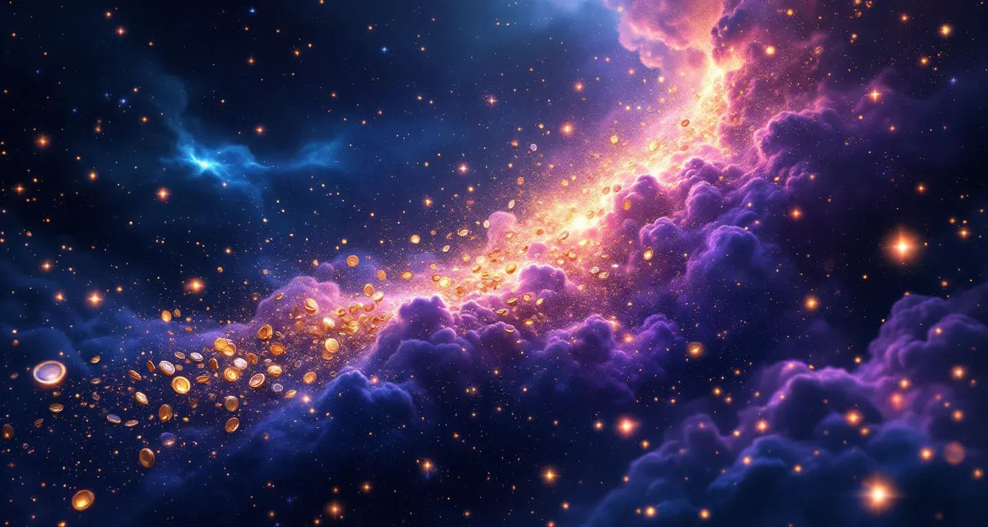 Rüyada Para Görmek sembolünü temsil eden, mor-magenta bulutsu ve altın yıldızlardan oluşan atmosferik rüya sahnesi.