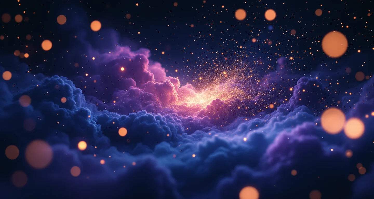 Rüyada Patlıcan Görmek sembolünü temsil eden, mor-magenta bulutsu ve altın yıldızlardan oluşan atmosferik rüya sahnesi.