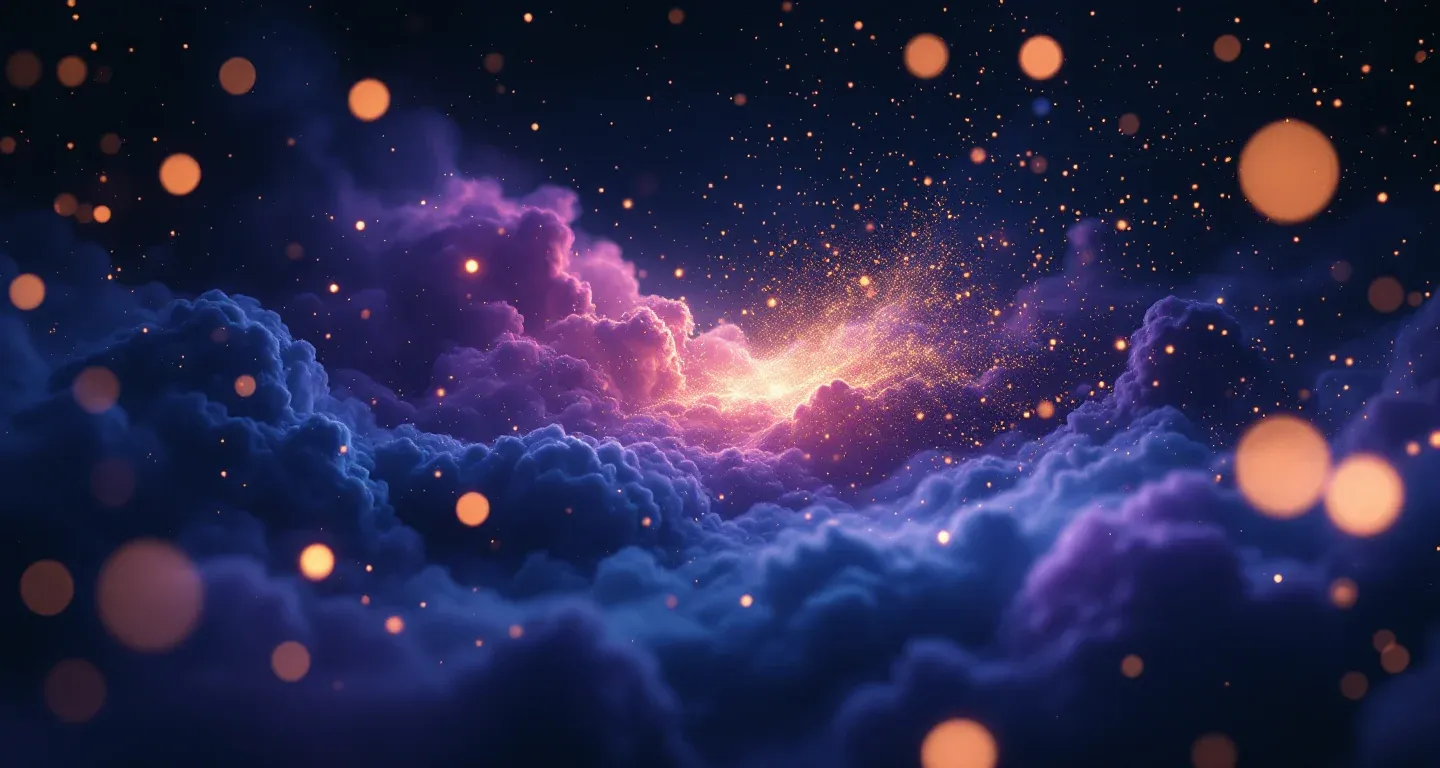 Rüyada Patlıcan Görmek sembolünü temsil eden, mor-magenta bulutsu ve altın yıldızlardan oluşan atmosferik rüya sahnesi.