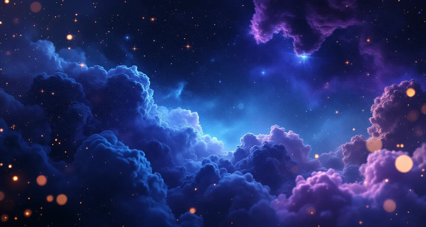 Atmosphärische Traumszene mit violett-magenta Nebelschwaden und goldenen Sternen, die das Symbol des Tragens eines rosa Kleides im Traum darstellt.