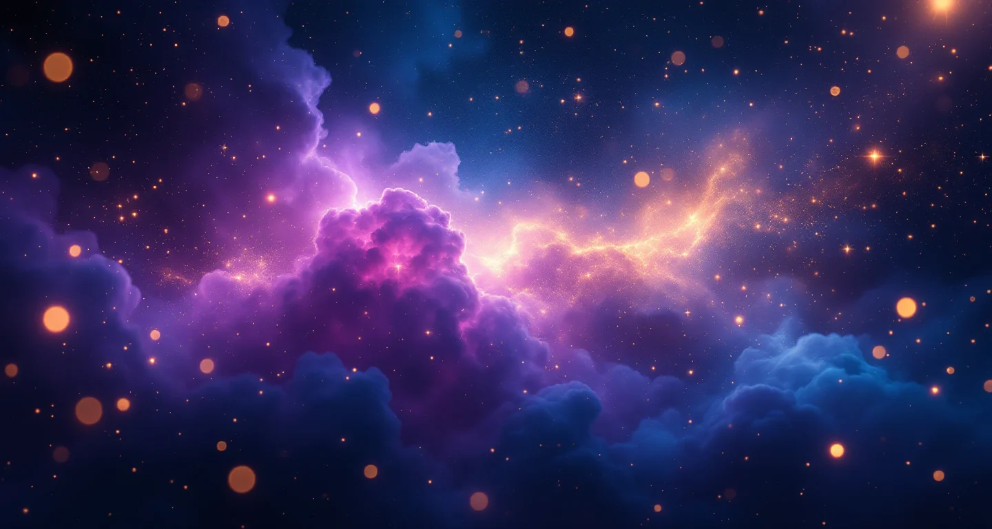 Rüyada Peynir Görmek sembolünü temsil eden, mor-magenta bulutsu ve altın yıldızlardan oluşan atmosferik rüya sahnesi.