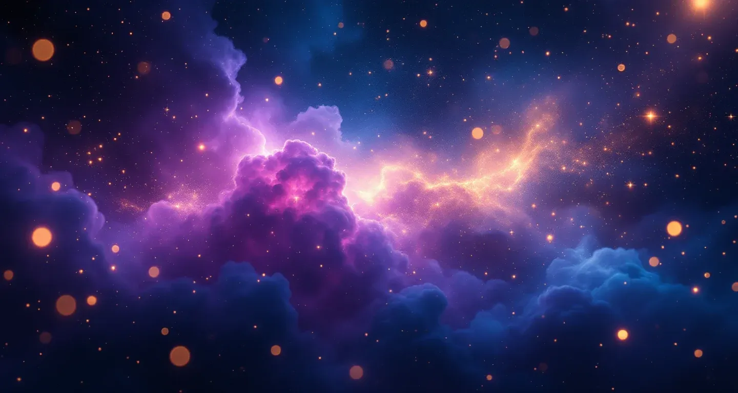 Atmosphärische Traumlandschaft mit violett-magenta Nebel und goldenen Sternen, die das Symbol des Käse-im-Traum-Sehens darstellt.