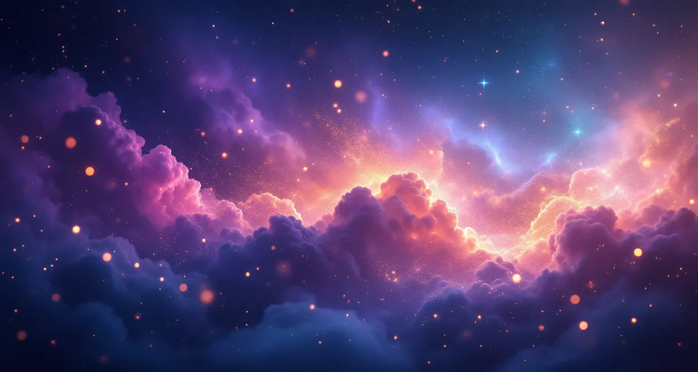 Scena onirica atmosferica con nebulosa viola-magenta e stelle dorate, che rappresenta il simbolo del riso in sogno.