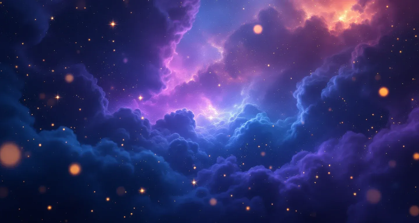 Atmosphärische Traumlandschaft aus violett-magenta Farbschwaden und goldenen Sternen, die das Symbol Im Traum gekochten Fisch sehen, aber nicht essen darstellt.