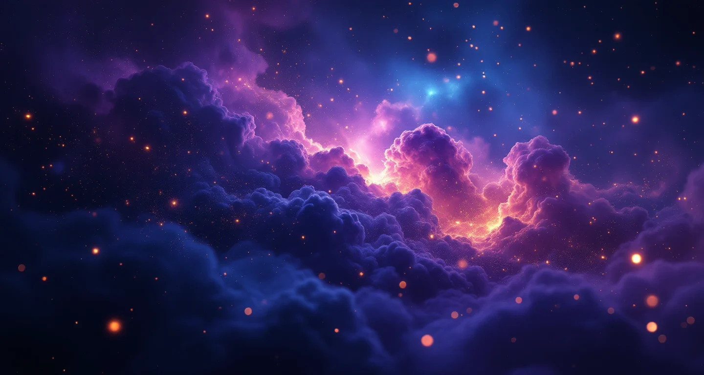 Rüyada Polis Görmek sembolünü temsil eden, mor-magenta bulutsu ve altın yıldızlardan oluşan atmosferik rüya sahnesi.