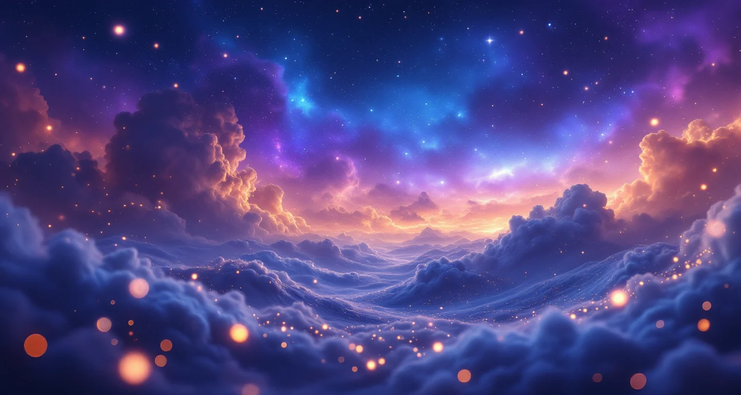 Rüyada Polisten Kaçmak sembolünü temsil eden, mor-magenta bulutsu ve altın yıldızlardan oluşan atmosferik rüya sahnesi.