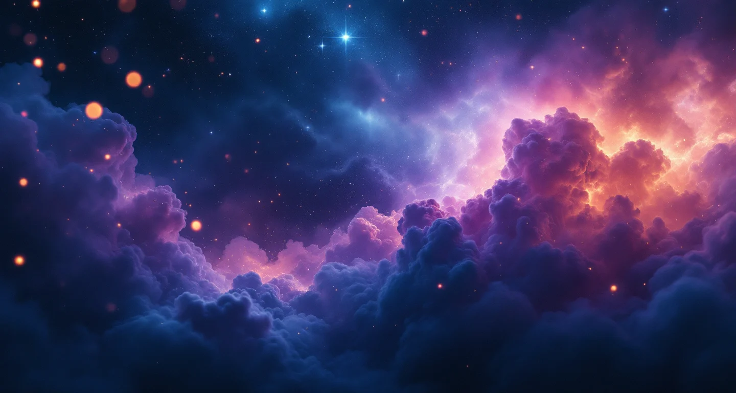 Rüyada R Görmek sembolünü temsil eden, mor-magenta bulutsu ve altın yıldızlardan oluşan atmosferik rüya sahnesi.