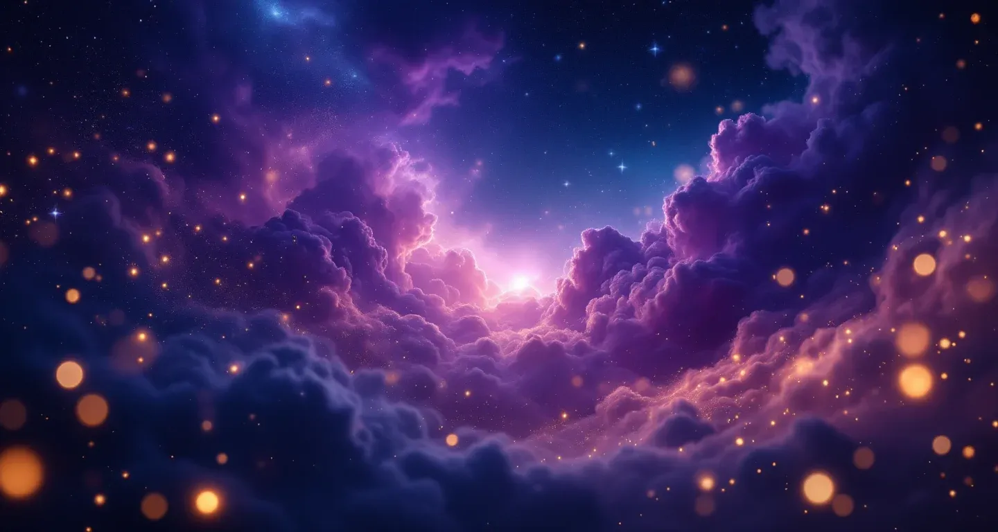 Atmosphärische Traumlandschaft aus violett-magenta Nebel und goldenen Sternen, die das Symbol 'Im Traum eine Traumdeutung sehen' darstellt.