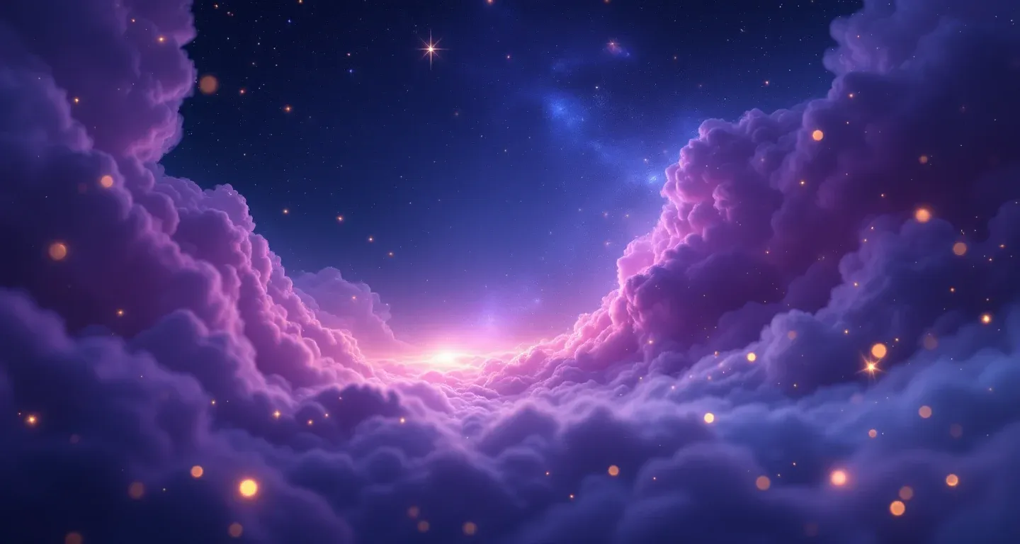 Atmosphärische Traumszene aus purpurn-magenta Wolken und goldenen Sternen, die das Symbol „im Traum rüya tabirleri.com tr sehen“ darstellt.